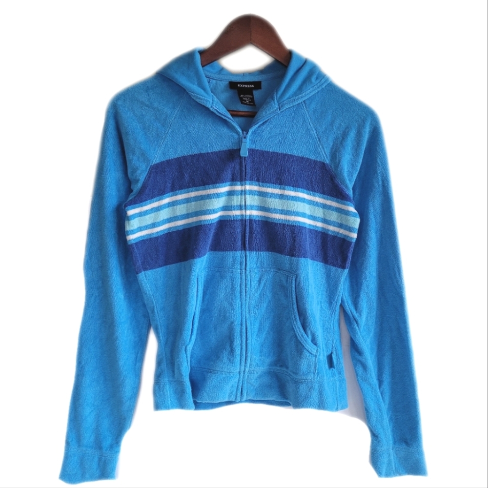 Express Terrycloth Full Zip Hoodie Sweatshirt Blue Womens Medium